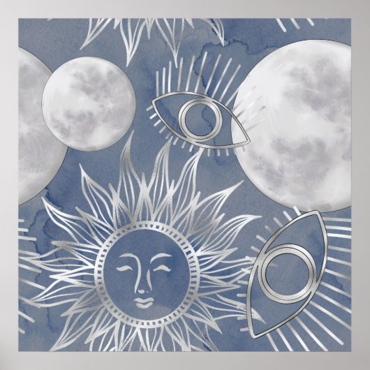 Solar Mystique | Dusty Blue Silver Moon Stars Sun Poster (Vorne)