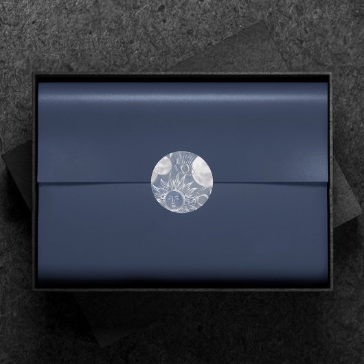 Solar Mystique | Dusty Blue Silver Moon Stars Sun Runder Aufkleber
