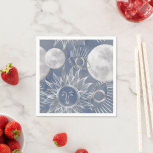 Solar Mystique Dusty Blue Silver Moon Stars Sun Serviette