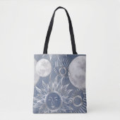 Solar Mystique | Dusty Blue Silver Moon Stars Sun Tasche (Vorderseite)
