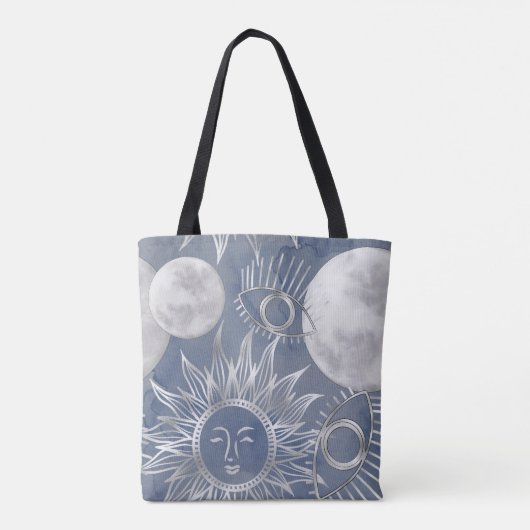 Solar Mystique | Dusty Blue Silver Moon Stars Sun Tasche (Rückseite)