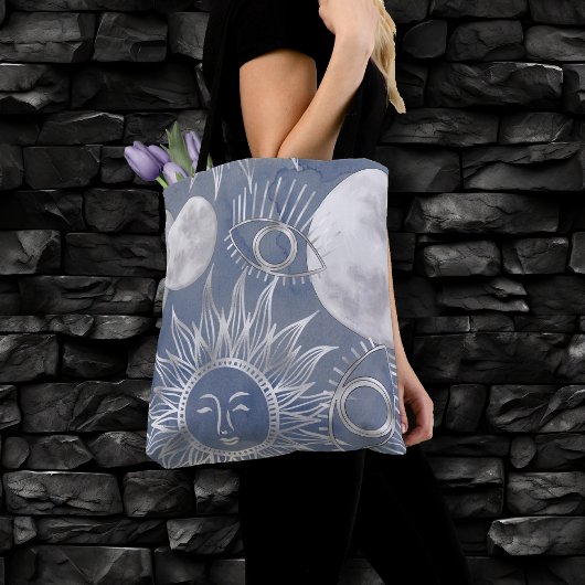 Solar Mystique | Dusty Blue Silver Moon Stars Sun Tasche