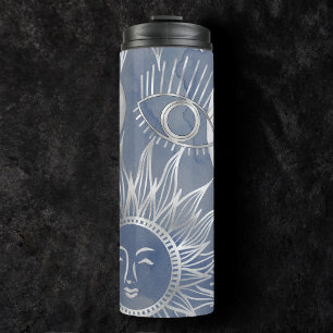 Solar Mystique Dusty Blue Silver Moon Stars Sun Thermosbecher
