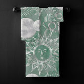 Solar Mystique | Dusty Green Silver Moon Stars Sun Badhandtuch Set