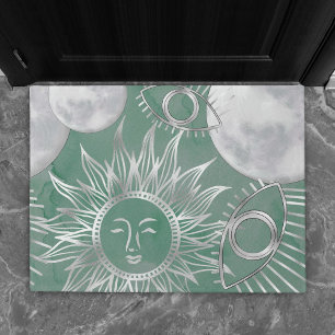 Solar Mystique Dusty Green Silver Moon Stars Sun Fußmatte