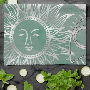 Solar Mystique   Dusty Green Silver Moon Stars Sun Geschirrtuch