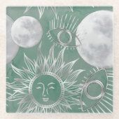Solar Mystique | Dusty Green Silver Moon Stars Sun Glasuntersetzer (Vorderseite)
