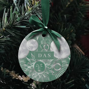 Solar Mystique   Dusty Green Silver Moon Stars Sun Keramik Ornament