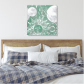 Solar Mystique | Dusty Green Silver Moon Stars Sun Leinwanddruck (Insitu (Schlafzimmer))