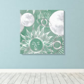 Solar Mystique | Dusty Green Silver Moon Stars Sun Leinwanddruck (Insitu (Holzboden))