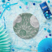 Solar Mystique | Dusty Green Silver Moon Stars Sun Pappteller (Party)
