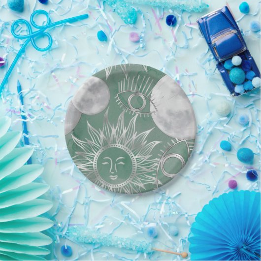 Solar Mystique | Dusty Green Silver Moon Stars Sun Pappteller (Party)