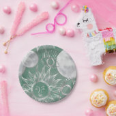 Solar Mystique | Dusty Green Silver Moon Stars Sun Pappteller (Party)