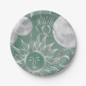 Solar Mystique | Dusty Green Silver Moon Stars Sun Pappteller (Vorderseite)