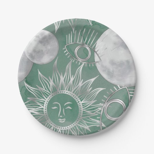 Solar Mystique | Dusty Green Silver Moon Stars Sun Pappteller (Vorderseite)