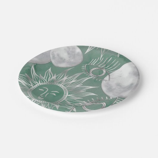 Solar Mystique | Dusty Green Silver Moon Stars Sun Pappteller (Schrägansicht)