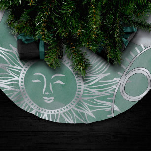 Solar Mystique   Dusty Green Silver Moon Stars Sun Polyester Weihnachtsbaumdecke