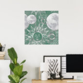 Solar Mystique | Dusty Green Silver Moon Stars Sun Poster (Heimbüro)