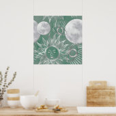 Solar Mystique | Dusty Green Silver Moon Stars Sun Poster (Küche)