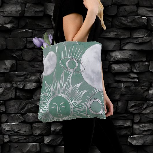 Solar Mystique | Dusty Green Silver Moon Stars Sun Tasche
