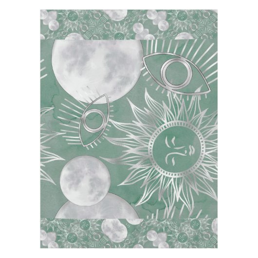 Solar Mystique | Dusty Green Silver Moon Stars Sun Tischdecke (Vorderseite)