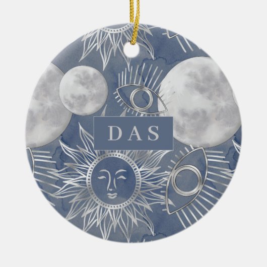 Solar Mystique | Silver Moon Stars Sun Monogram Keramik Ornament (Vorne)