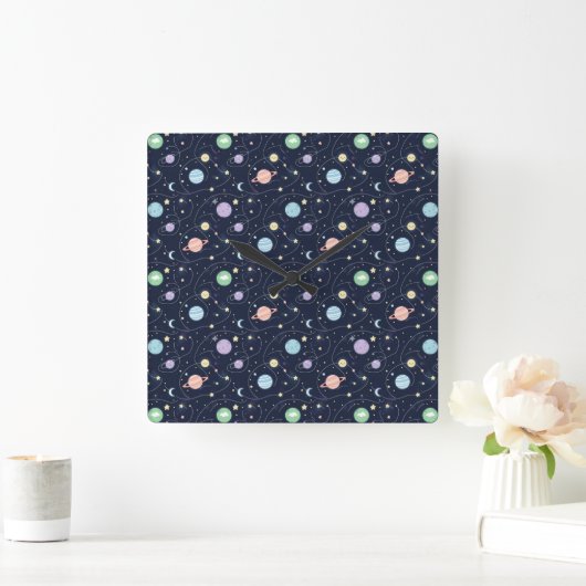 Solar System Planets Seamless Pattern Quadratische Wanduhr (Zuhause)