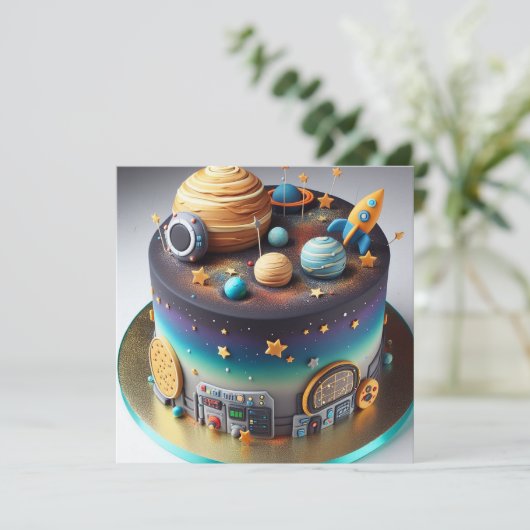 SOLAR SYSTEM THEMED BIRTHDAY CAKE EINLADUNG (Stehend Vorderseite)