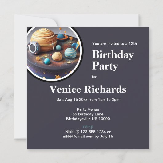 SOLAR SYSTEM THEMED BIRTHDAY CAKE EINLADUNG (Rückseite)
