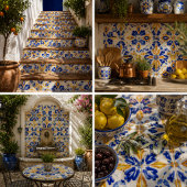 Solara Bloom Hand-Painted Sapphire and Amber Fliese
