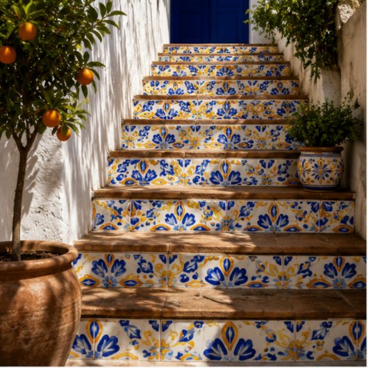 Solara Bloom Hand-Painted Sapphire and Amber Fliese