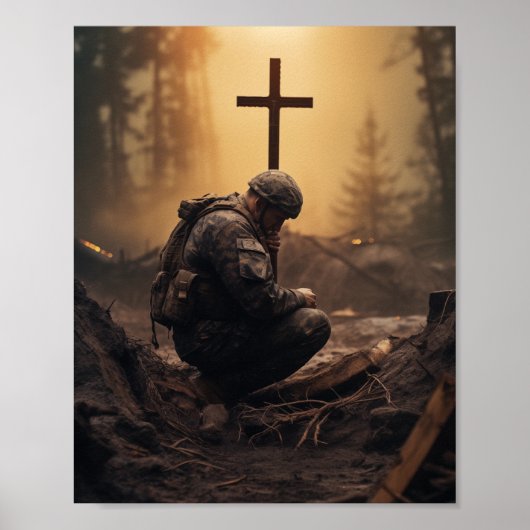 Soldat Gottes, der ein Holzkreuz hält Poster (Vorne)