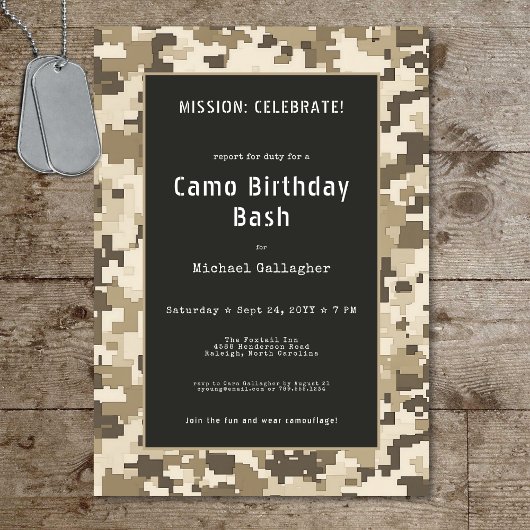 Soldat Sand Digital Camouflage Geburtstag Einladung