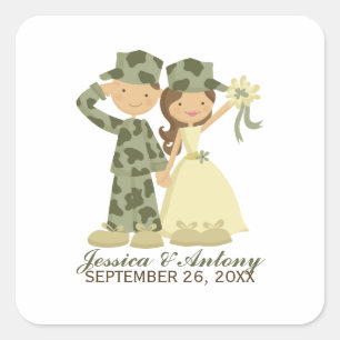 Soldat und Braut Hochzeitskleber Quadratischer Aufkleber