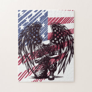 Soldier Angel Praying American USA Flag Art Puzzle