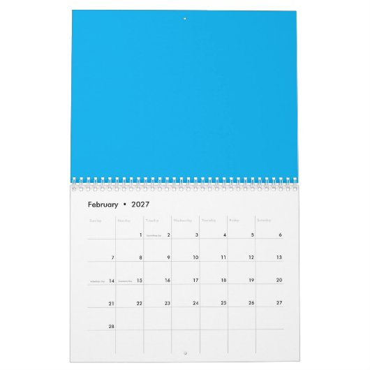 Solid Azure Blue Background – Minimalist Template Kalender (Feb 2027)