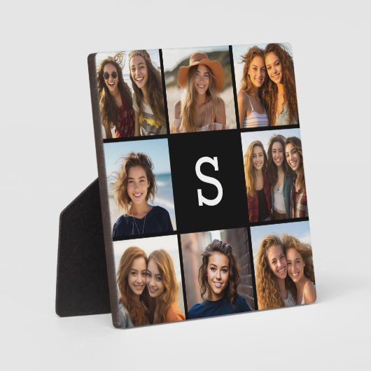 Solid Black Foto Collage Custom Monogram Fotoplatte (Vorderseite)