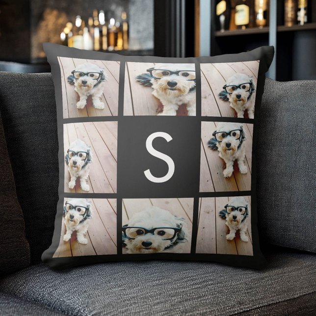 Solid Black Foto Collage Custom Monogram Kissen (Custom Photo Collage Pillow)