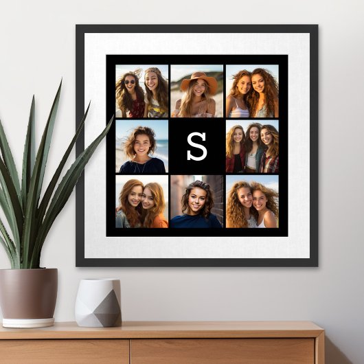 Solid Black Foto Collage Custom Monogram Poster
