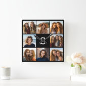Solid Black Foto Collage Custom Monogram Quadratische Wanduhr (Zuhause)