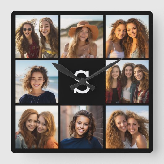 Solid Black Foto Collage Custom Monogram Quadratische Wanduhr (Vorderseite)