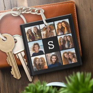 Solid Black Foto Collage Custom Monogram Schlüsselanhänger