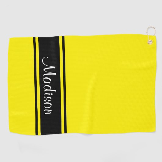 Solid Bright Yellow Black Stripes Script-Name Golfhandtuch (Horizontal)
