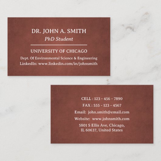 Solid Brown PhD Student Business Card Visitenkarte (Vorne/Hinten)