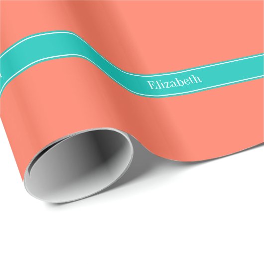 Solid Coral, Monogramm des Aquamarinen Ribbon-Name Geschenkpapier (Rolleneckpunkt)