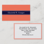 Solid Coral, Navy Blue Ribbon Name Monogram Visitenkarte (Vorne/Hinten)