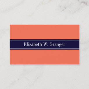 Solid Coral, Navy Blue Ribbon Name Monogram Visitenkarte