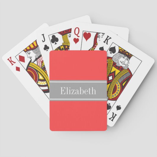 Solid Coral Red, Dunkelgrau-Ribbon-Monogramm Spielkarten (Rückseite)
