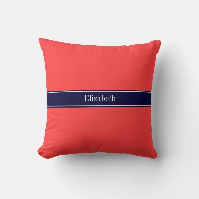 Solid Coral Red, Navy Blue Ribbon Name Monogram Kissen (Vorderseite)
