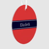Solid Coral Red, Navy Blue Ribbon Name Monogram Ornament (Vorderseite)